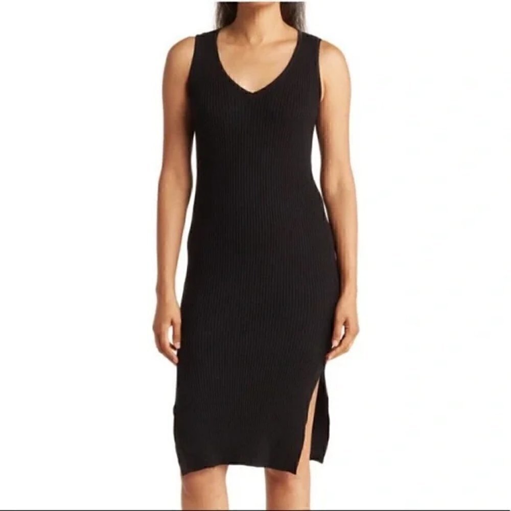 Magaschoni Women's Black Ribbed Knit Sleeveless Midi Tank Dress M
